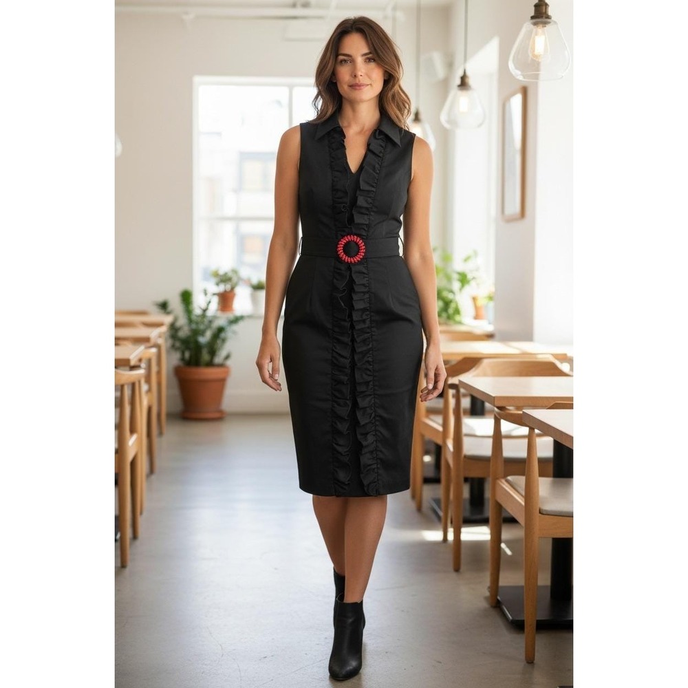 Vtg Navy Ruffle Sheath Dress Milly of New York Minimalist Belted Sleeveless Sz 8 - Picture 3 of 12